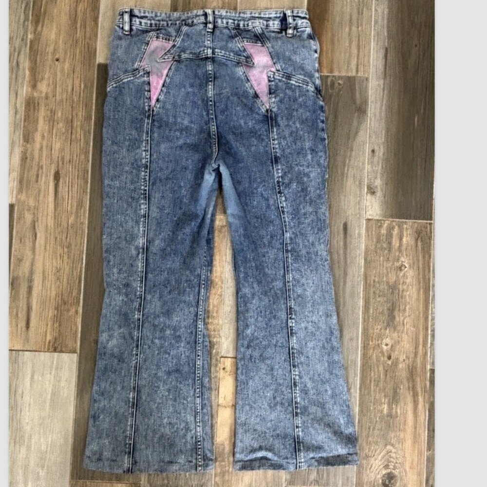 Free People We The Free Thunderbird Flare Jeans Lightening Bolt SIZE 35 X 26 HEM - Picture 3 of 11
